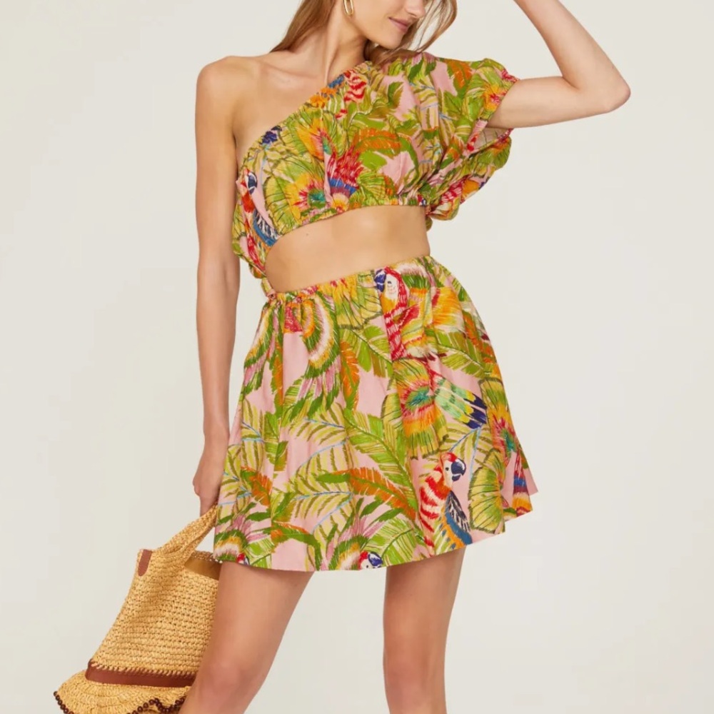 FARM Rio Pink Tropical One-Shoulder Crop Top & Skirt Set